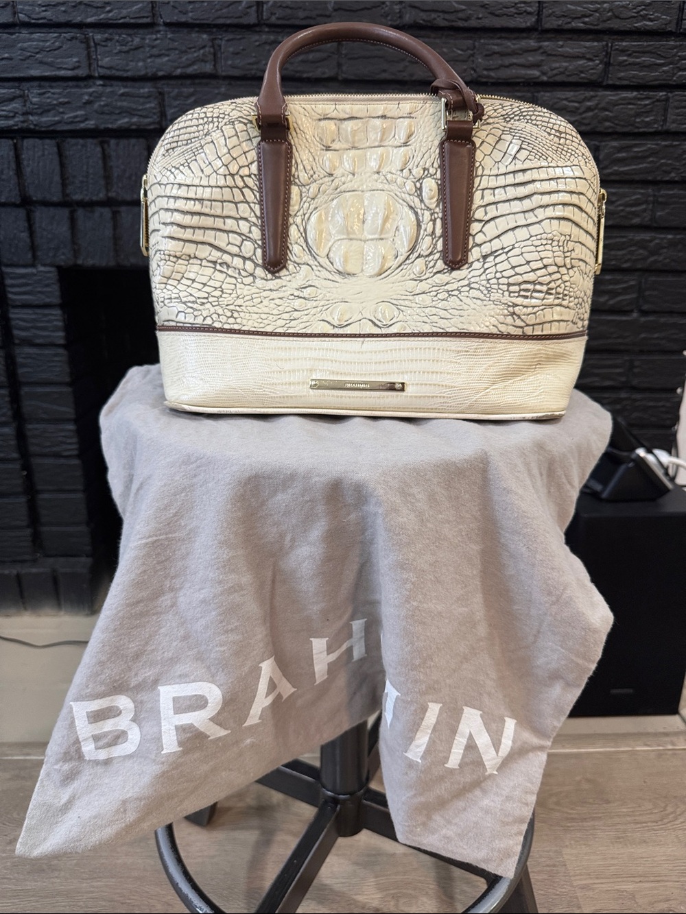 Brahmin Cream Croc-Embossed Satchel with Brown Trim